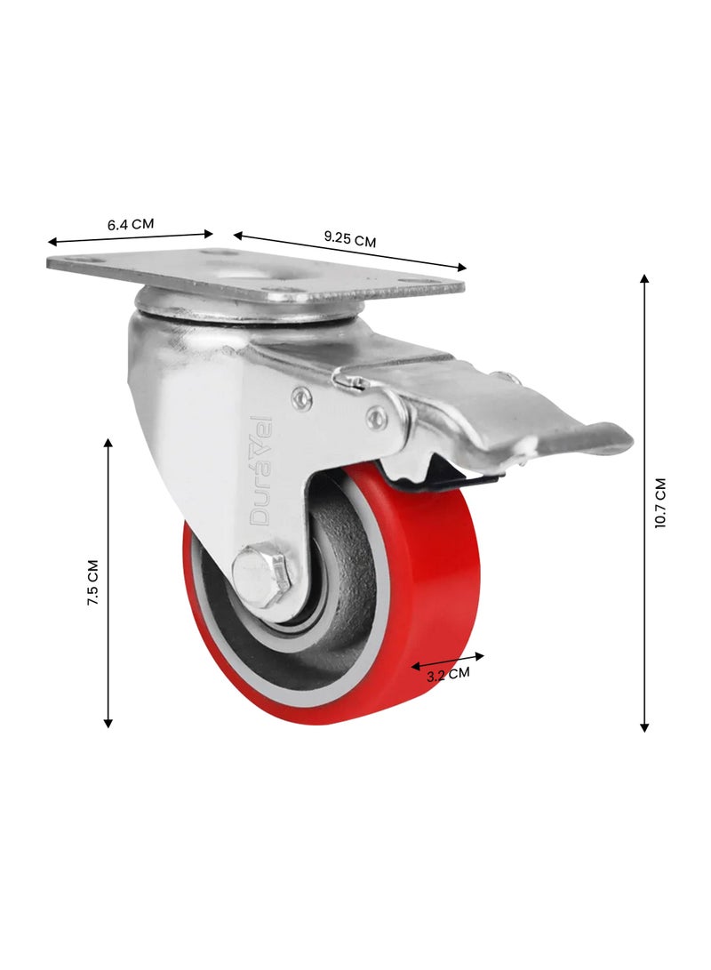 درافل عجلات دورافيل البولي يوريثان (PU) الصامتة - مجموعة من 4 عجلات متينة مزودة بفراملين وعجلتين دوارتين، عجلات صناعية قابلة للقفل للأثاث ومنضدة العمل، مع براغي (أحمر، 3 بوصات) - Image 4