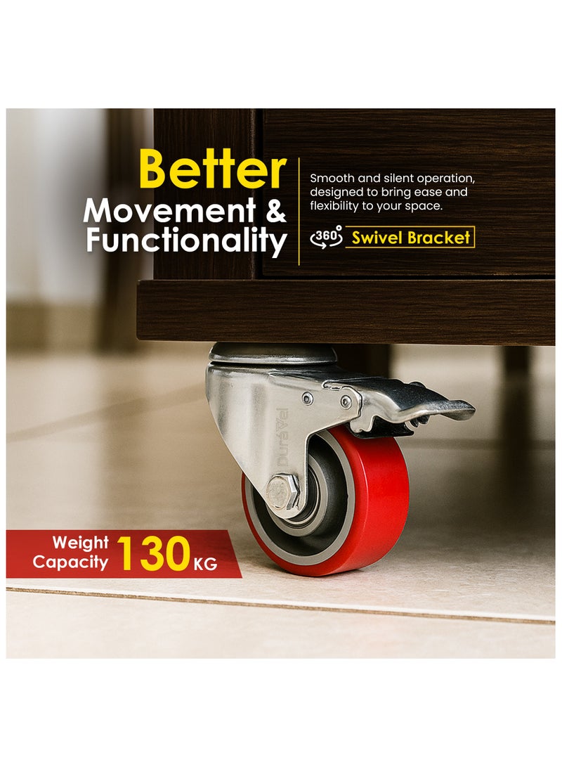 درافل عجلات دورافيل البولي يوريثان (PU) الصامتة - مجموعة من 4 عجلات متينة مزودة بفراملين وعجلتين دوارتين، عجلات صناعية قابلة للقفل للأثاث ومنضدة العمل، مع براغي (أحمر، 3 بوصات) - Image 5