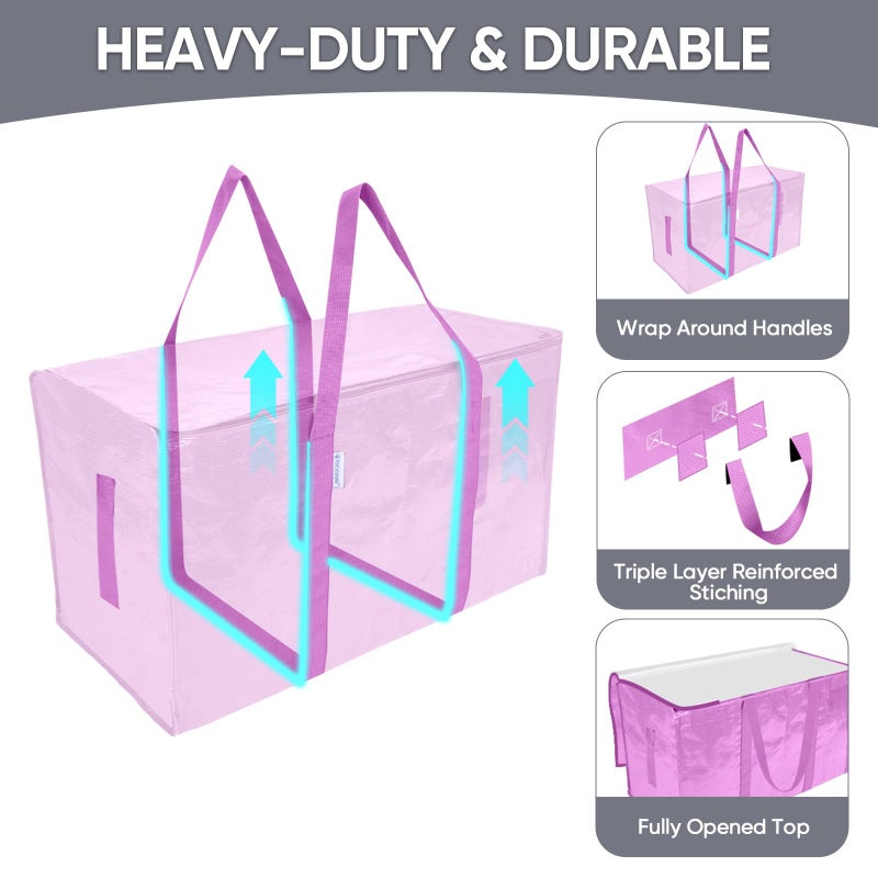 TICONN 2 Pack Extra Large Moving Bags Heavy Duty with Zippers & Carrying Handles, Durable Storage Bags Moving Boxes for Closet Organizers and Storage (2 Pack, Pink) - Image 3