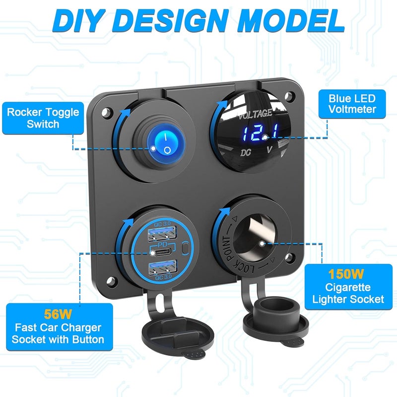 Ouffun 4 in 1 Marine Boat RV 12V Charger Socket Panel - Image 2