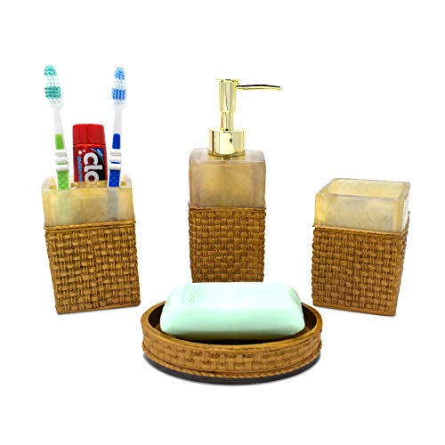 Sterling soap Dispenser Set for Bathroom - Liquid Soap Dispenser, Toothbrush Holder, Tumbler & Soap Dish Holder SMS-478 Natural Stone Finish Golden Print Polyresign 4 Pieces - Image 1