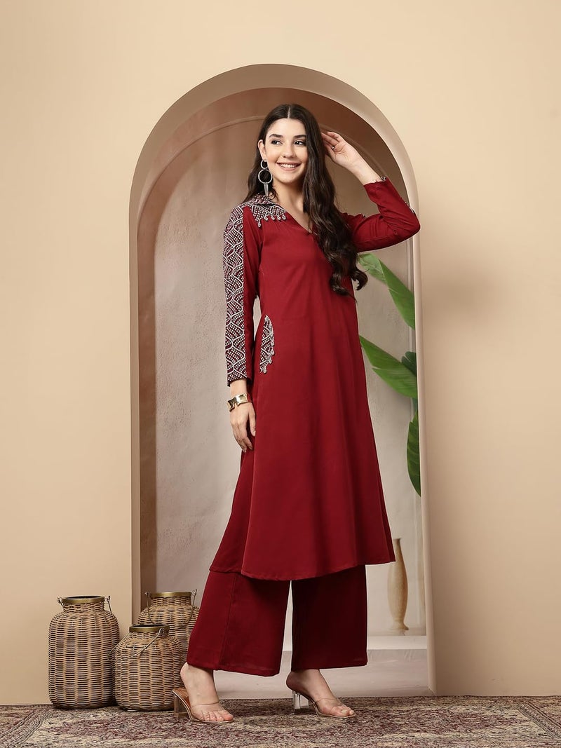 Stylum Women's Maroon Solid Crepe A-Line Kurta Pant Set (Medium) - Image 3
