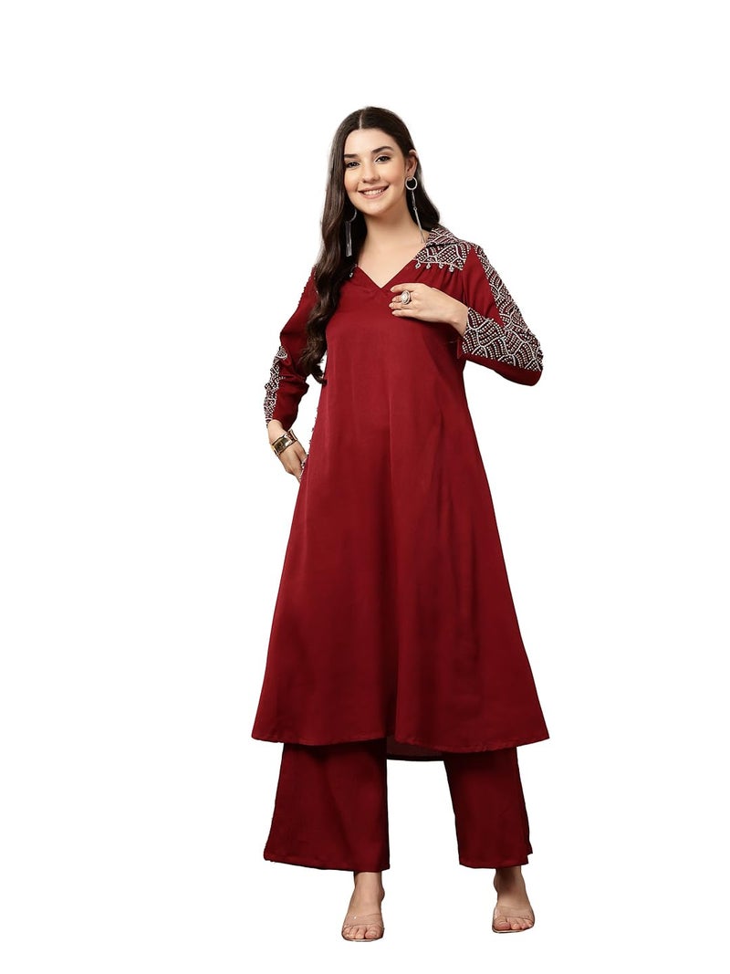Stylum Women's Maroon Solid Crepe A-Line Kurta Pant Set (Medium) - Image 1