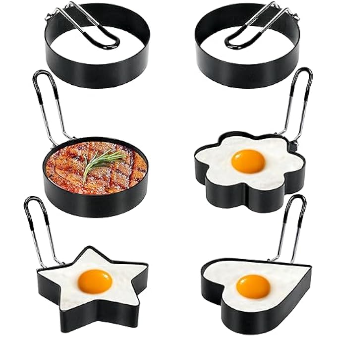 LeeLoon 6 Pack Eggs Rings Stainless Steel Egg Cooking Rings Round Pancake Mold For Frying Eggs Omelet And Muffins NonStick Fried Egg Mold Ring With Oil Brush And Slotted Spatula 4 Shapes - Image 1