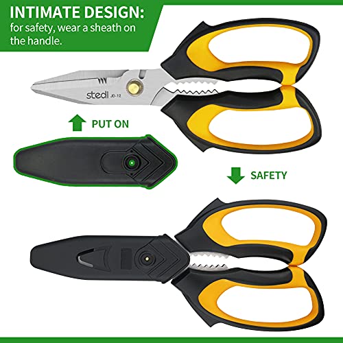Stedi Scissors Heavy Duty 8-Inch,Multipurpose Scissors,Sharp Stainless Steel Shears with Serrated Edge & Protective Cover,Non-Slip Handle,Easy Cutting Cardboard, Carpet,Leather, Fabric, Wires, Yellow - Image 5