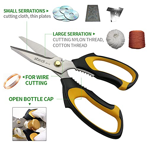 Stedi Scissors Heavy Duty 8-Inch,Multipurpose Scissors,Sharp Stainless Steel Shears with Serrated Edge & Protective Cover,Non-Slip Handle,Easy Cutting Cardboard, Carpet,Leather, Fabric, Wires, Yellow - Image 2