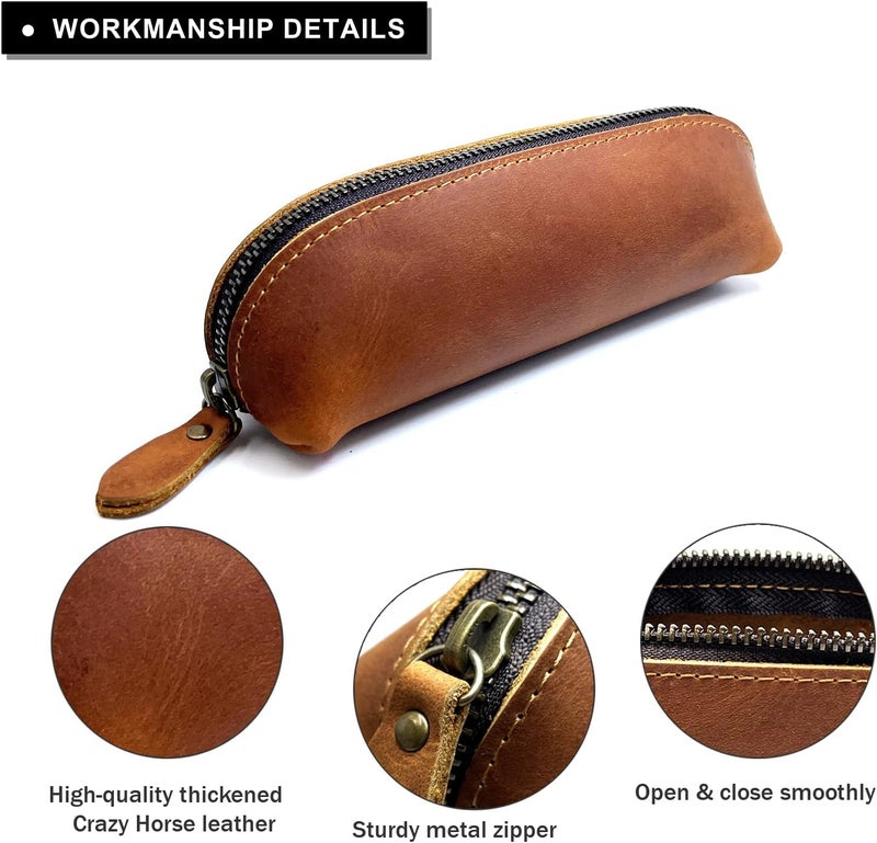 Craoopii Leather Pencil Case Pencil Bag Pouch With Zipper Pen Holders Handmade Genuine Leather For Men Women Students Businessmen And Artists Home Work Office. (Brown) - Image 5