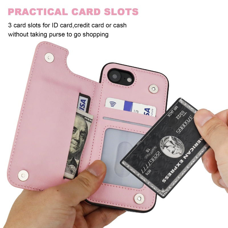 OT ONETOP ONETOP Compatible with iPhone 16e Wallet Case with Card Holder, PU Leather Kickstand Card Slots Case, Double Magnetic Clasp and Durable Shockproof Cover 6.1 Inch (Pink) - Image 4