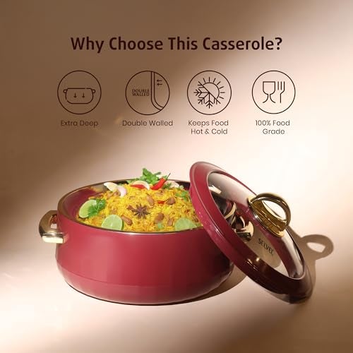 SELVEL Giving shape to life! Elegance Glass Lid Casserole | Premium Stainless Steel Insulated Hot Pot | See-Through Lid | Keeps Food Hot & Fresh (1700 ML, Maroon) - Image 4