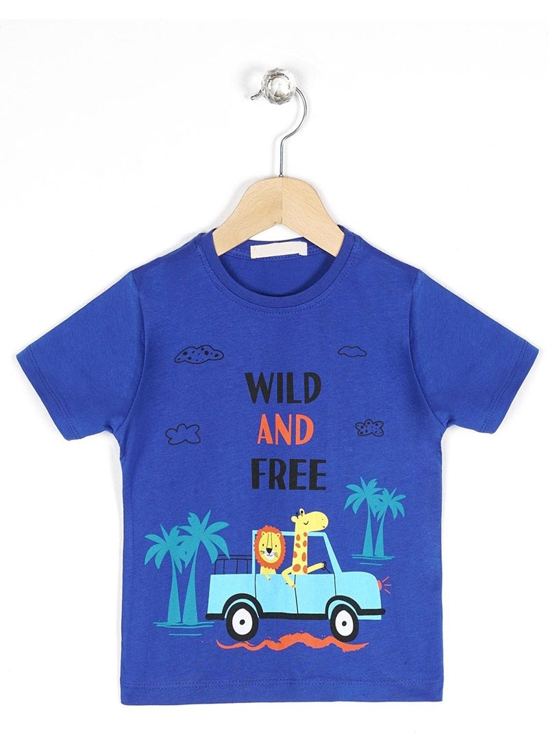 WEWE Crew Neck Short Sleeve Wild And Car Printed Saxe Color Boy T-shirt  - Image 1