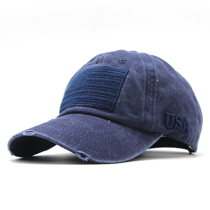 Baseball Cap Women Ins American Flag Distressed Denim USA Embroidery Men Hat - Image 1