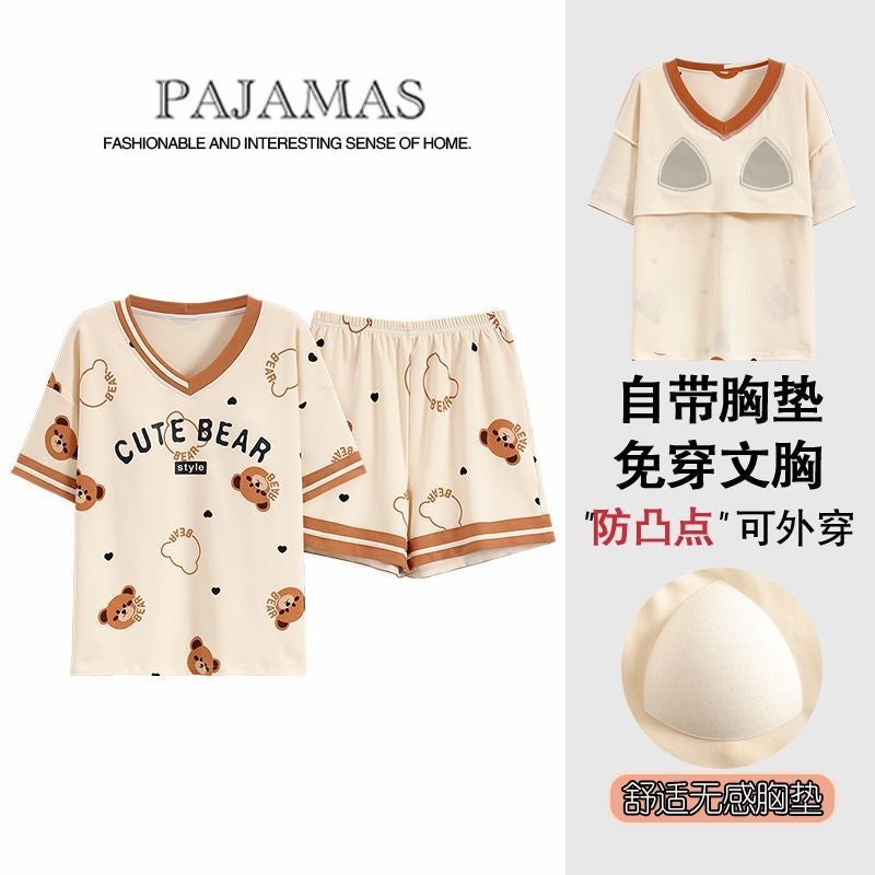 Summer Pajamas for Young Ladies with Chest Pads, Pure Cotton Short-Sleeve Shorts, Can Be Worn Outside, Home Wear Set, 2026 New Thin Style - Image 4