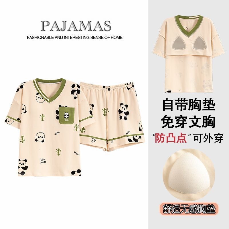Summer Pajamas for Young Ladies with Chest Pads, Pure Cotton Short-Sleeve Shorts, Can Be Worn Outside, Home Wear Set, 2026 New Thin Style - Image 2