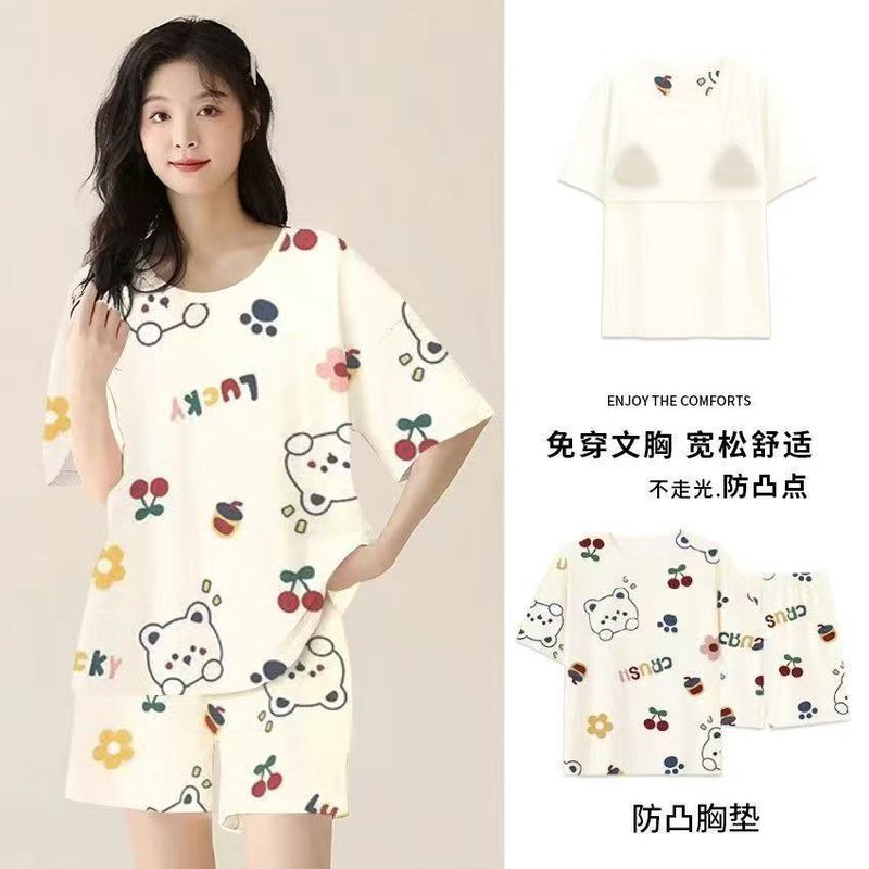 Summer Pajamas for Young Ladies with Chest Pads, Pure Cotton Short-Sleeve Shorts, Can Be Worn Outside, Home Wear Set, 2026 New Thin Style - Image 1