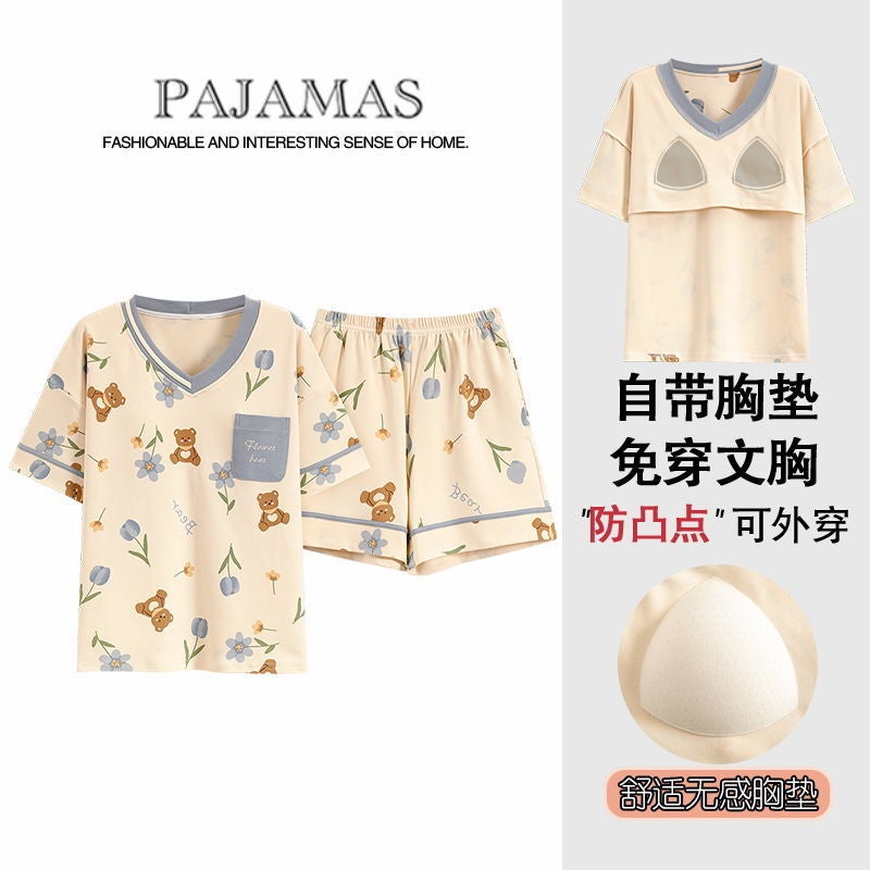 Summer Pajamas for Young Ladies with Chest Pads, Pure Cotton Short-Sleeve Shorts, Can Be Worn Outside, Home Wear Set, 2026 New Thin Style - Image 3