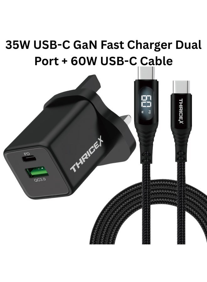 THRICEX 35W USB-C GaN Fast Charger Dual Port + 60W USB-C Cable, PD 3.0 Wall Charger for iPhone 16/15, Samsung Galaxy S24, Pixel, MacBook Air - Image 1