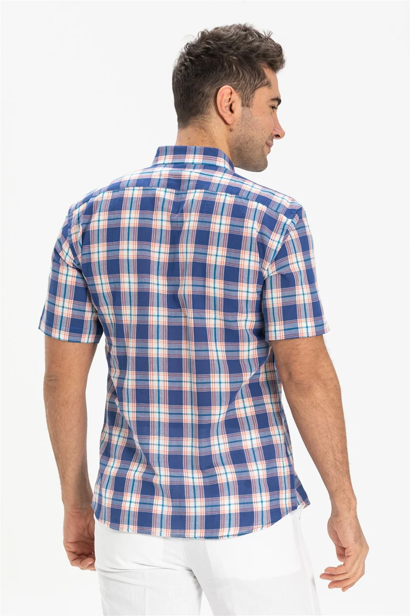 اليش شيل بيزي Short Sleeve Slim Fit Şile Cloth Single Pocket Men's Shirt Saks Plaid 3060