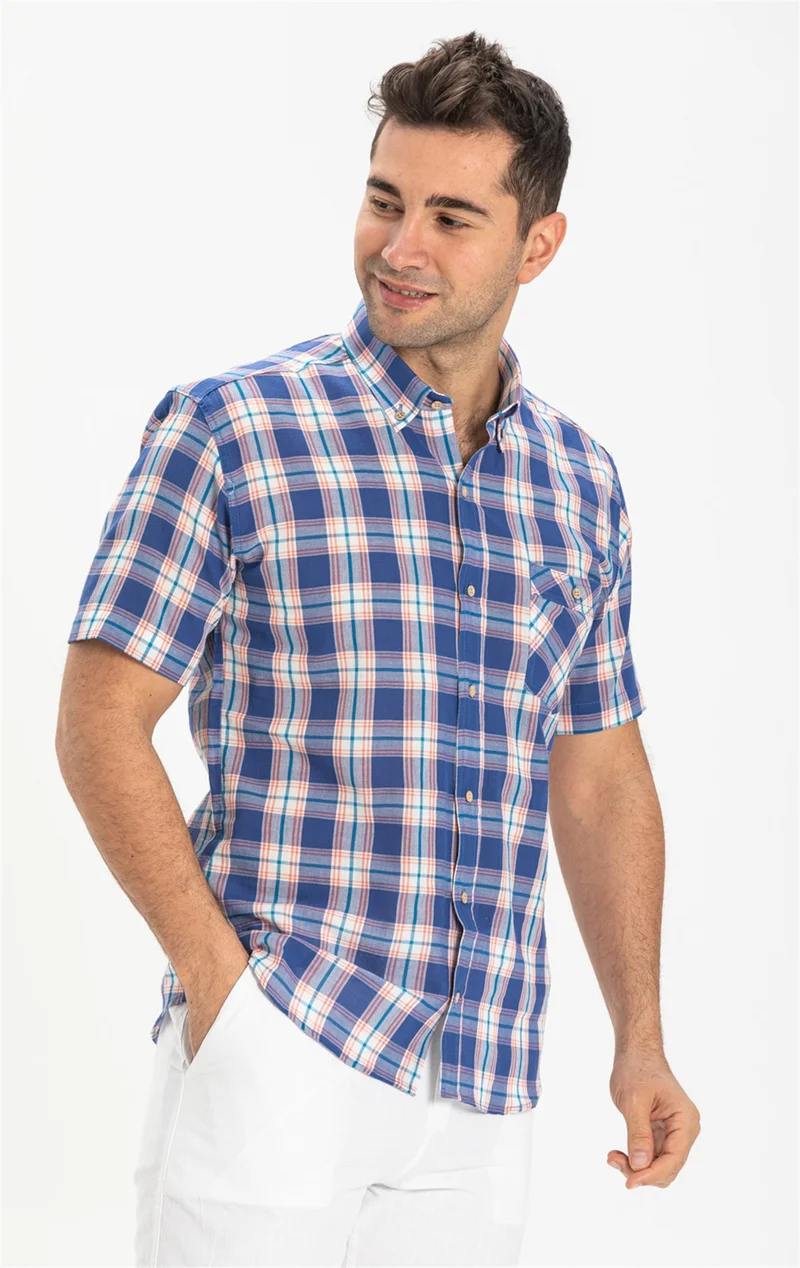 اليش شيل بيزي Short Sleeve Slim Fit Şile Cloth Single Pocket Men's Shirt Saks Plaid 3060