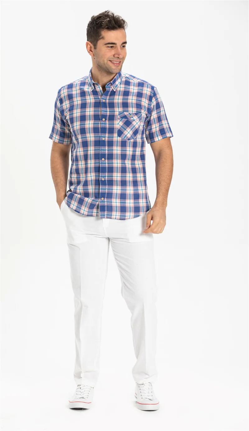 اليش شيل بيزي Short Sleeve Slim Fit Şile Cloth Single Pocket Men's Shirt Saks Plaid 3060