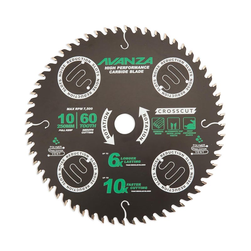 AVANZA Full-Kerf TCT Saw Blade 10 X 60. Best suited for cutting of plywood and crosscutting of woods. SUPER SMOOTH! DuraShield™ coated and Anti-Vibration Technology in-built. - Image 1