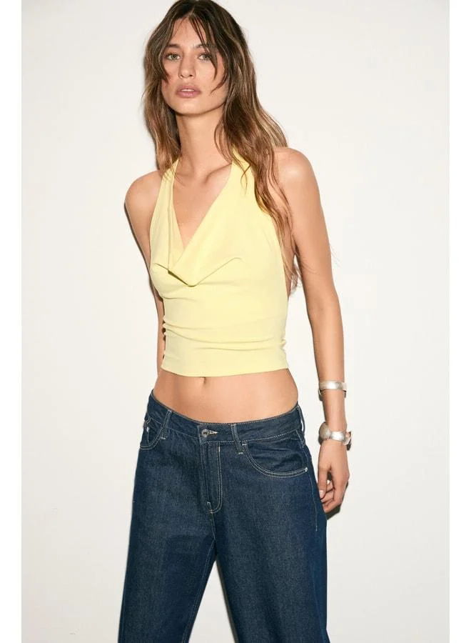 Ethiquet NESLIVA Women's Degage Halter Neck Thick Strap Open-Back Crop Yellow Blouse.