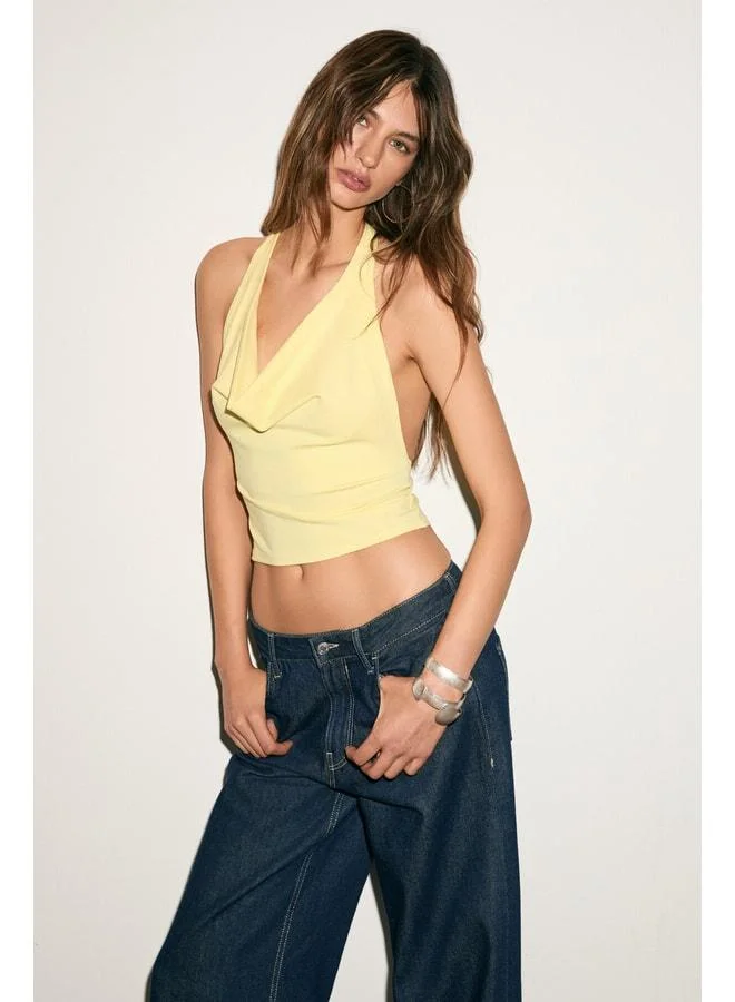 Ethiquet NESLIVA Women's Degage Halter Neck Thick Strap Open-Back Crop Yellow Blouse.