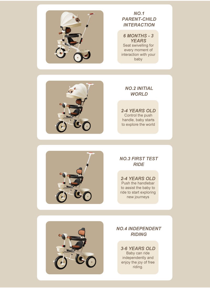 MaBaby - Children's Tricycle, 4-in-1 Folding Trike and Stroller 2-way Swivel Seat for Toddler Boys and Girls, with Adjustable Push Handle, Removable Canopy, Safety Harness for 6 months-5 Years (White) - Image 1