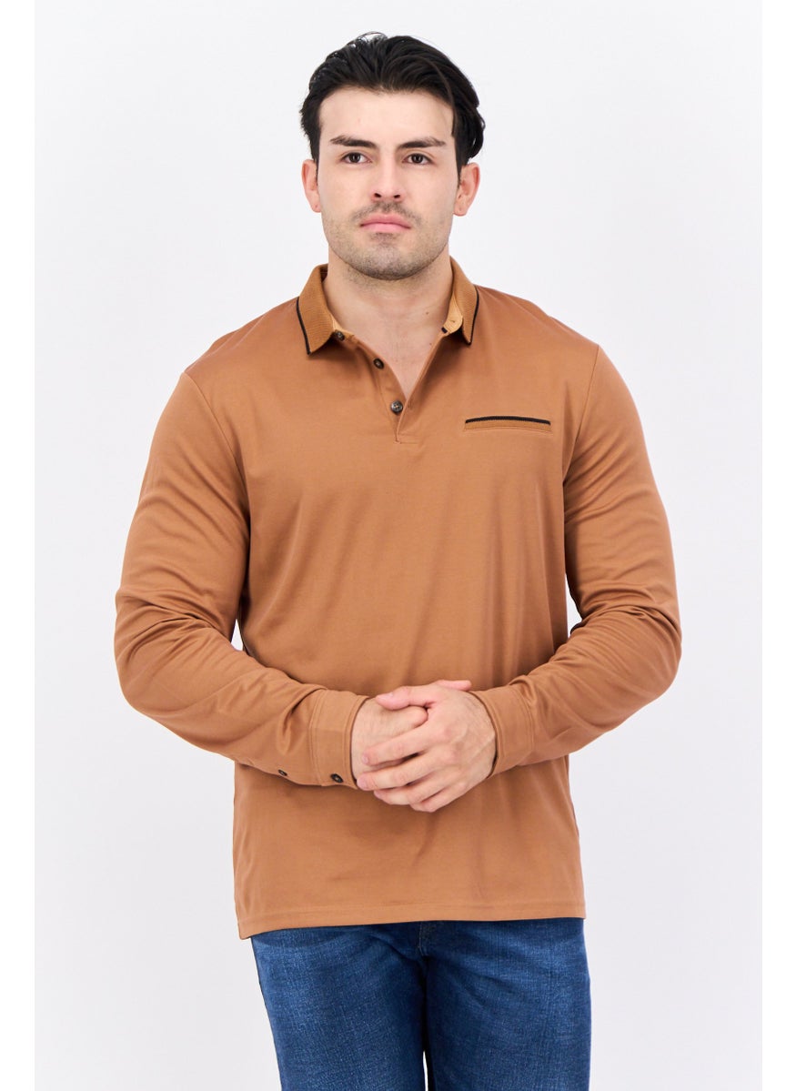 Jules Men Regular Fit Plain Long Sleeves Polo Shirt, Brown  - Image 1