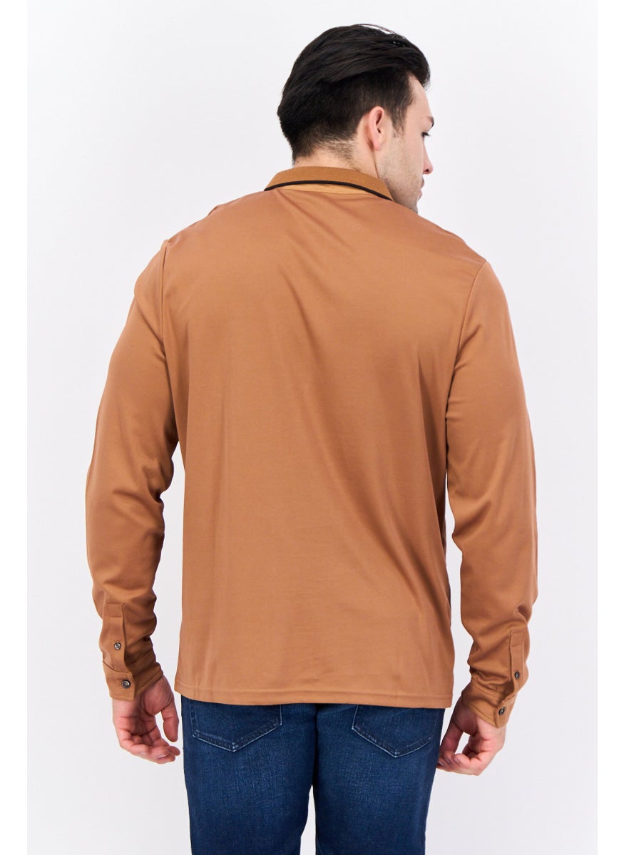 Jules Men Regular Fit Plain Long Sleeves Polo Shirt, Brown  - Image 3