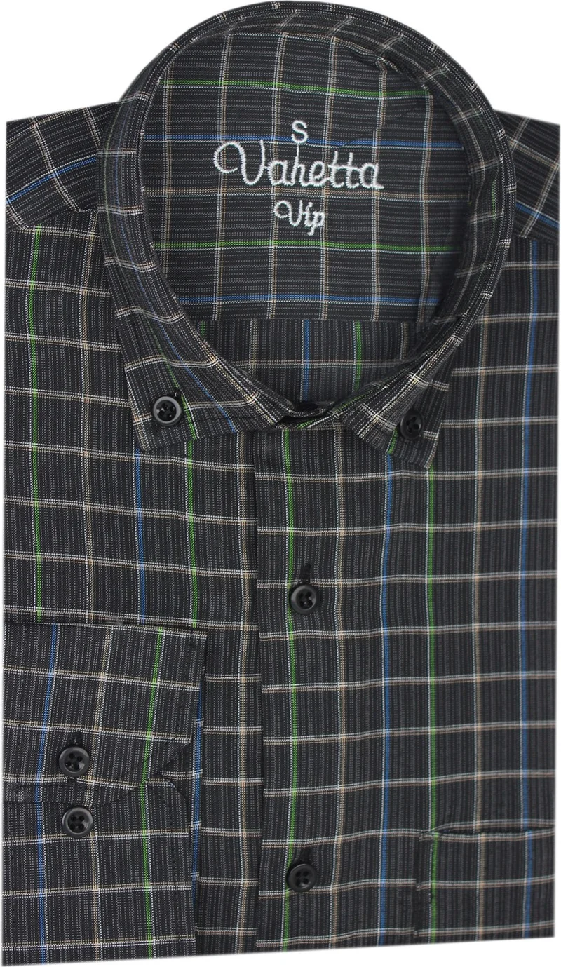 فاريتا Men's Black Green Classic Cut Check Collar Buttoned Single Pocket Long Sleeve Shirt