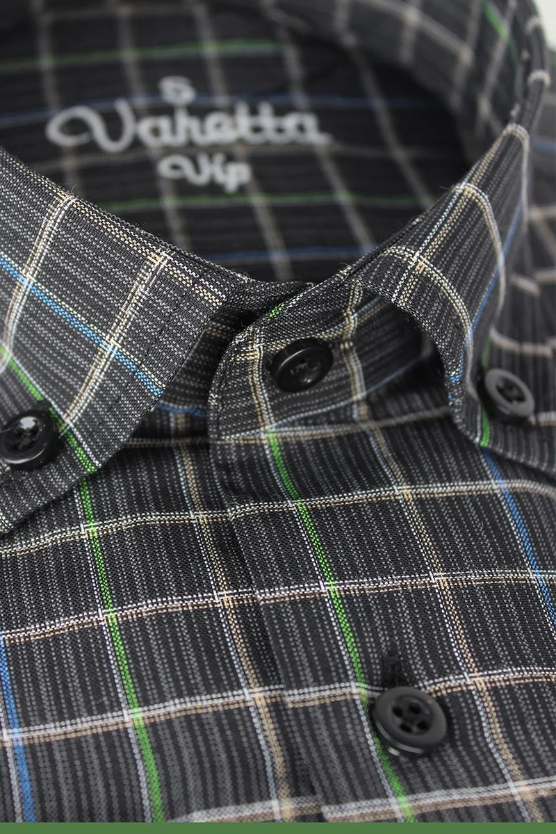 فاريتا Men's Black Green Classic Cut Check Collar Buttoned Single Pocket Long Sleeve Shirt
