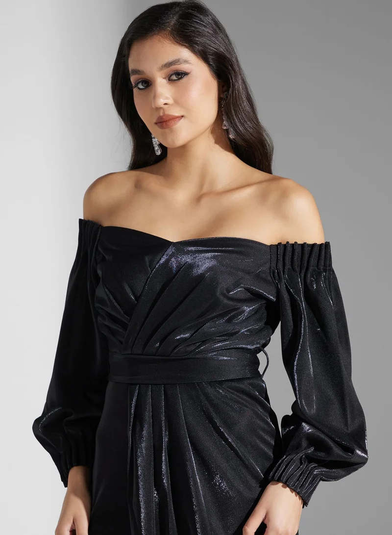 Golden Apple Bardot Puff Sleeve Wrap Dress