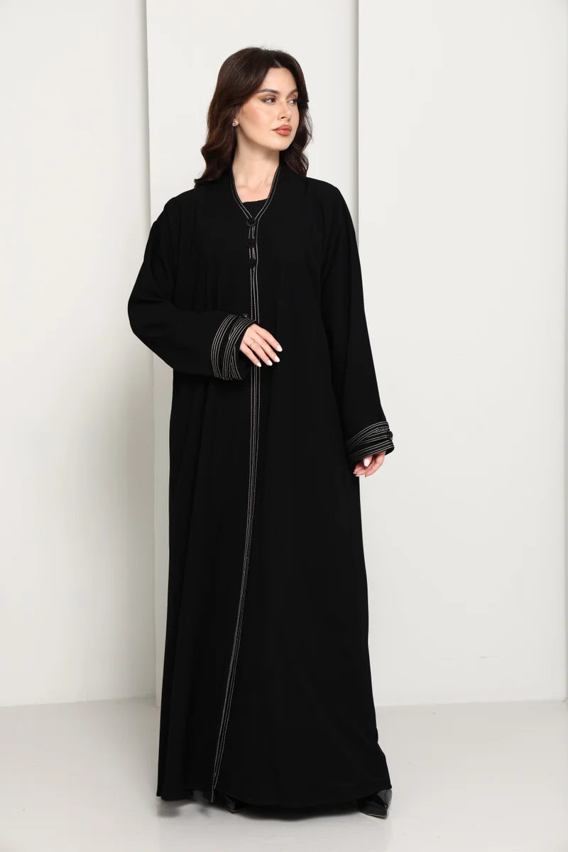 أم سكوير فاشن Premium Fabric Modern Abaya | Front Open A-Line Abaya with Stitch Detail