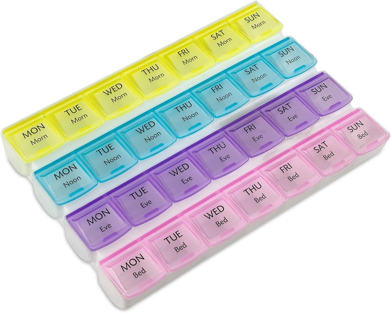 MEDca Weekly Pill Organizer - 4-Times-a-Day Pill Planner Pill Box Separates Pills & Vitamins with Daily Morning, Noon, Evening & Night Compartments, Travel Medication Reminder Monday to Sunday