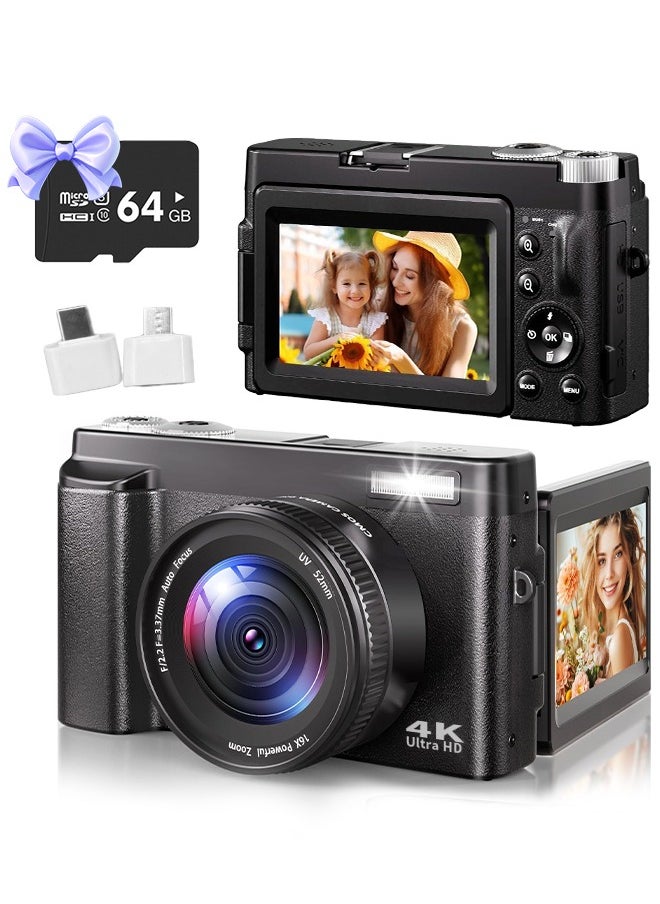 إيكويكام كاميرا رقمية 4K للتصوير الفوتوغرافي بدقة 48 ميجابكسل مع شاشة 3 بوصة قابلة للطي بزاوية 180 درجة وتكبير 16X وضبط تلقائي للصورة وكاميرا فيديو للتدوين على YouTube وكاميرات صغيرة الحجم مع بطاقة 64 جيجابايت وكاميرا سفر صغيرة الحجم  - Image 1