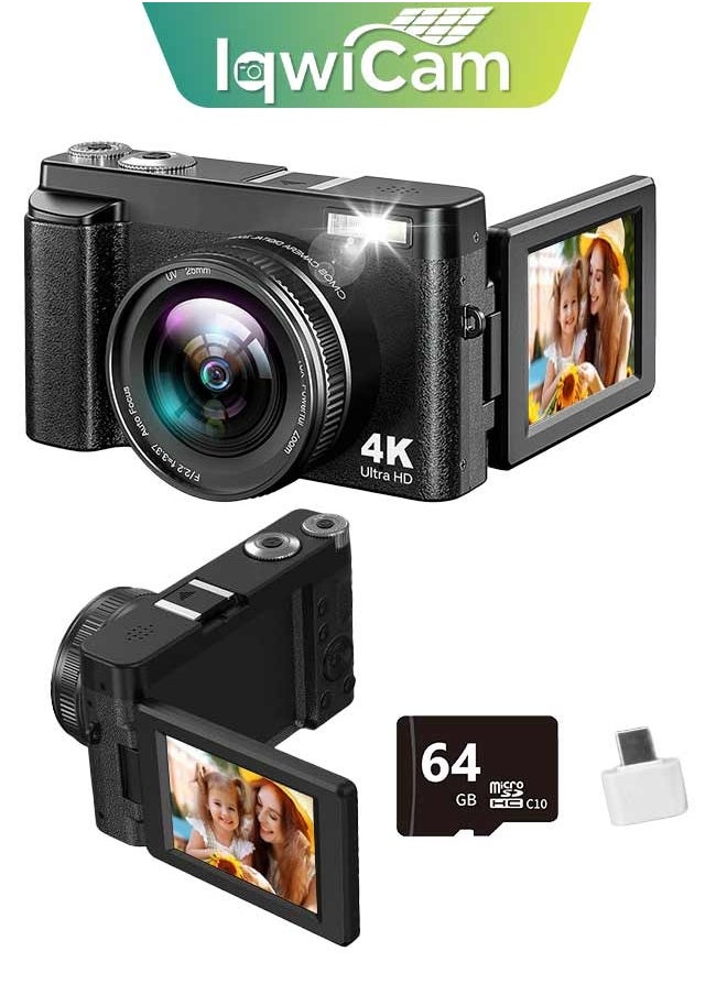 إيكويكام كاميرا رقمية 4K للتصوير الفوتوغرافي بدقة 48 ميجابكسل مع شاشة 3 بوصة قابلة للطي بزاوية 180 درجة وتكبير 16X وضبط تلقائي للصورة وكاميرا فيديو للتدوين على YouTube وكاميرات صغيرة الحجم مع بطاقة 64 جيجابايت وكاميرا سفر صغيرة الحجم  - Image 1