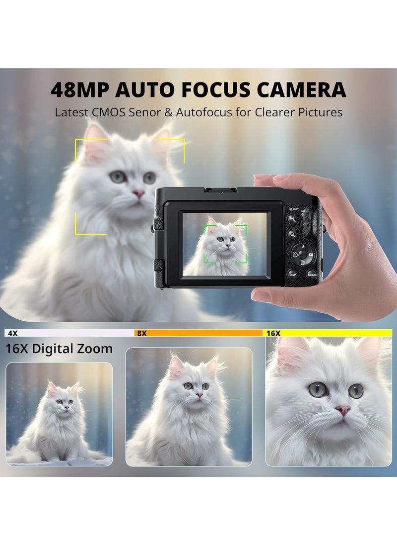 IqwiCam 4K Digital Camera for Photography 48MP with 3'' 180° Flip Screen 16X Zoom Autofocus Vlogging Camera for YouTube, Compact Point and Shoot Cameras with 64GB Card Compact Travel Camera  - Image 2