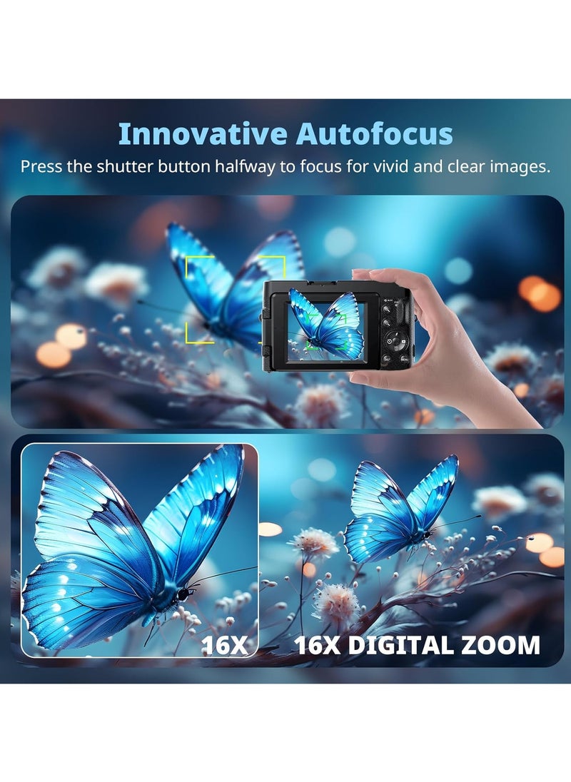 IqwiCam 4K Digital Camera for Photography 48MP with 3'' 180° Flip Screen 16X Zoom Autofocus Vlogging Camera for YouTube, Compact Point and Shoot Cameras with 64GB Card Compact Travel Camera  - Image 4