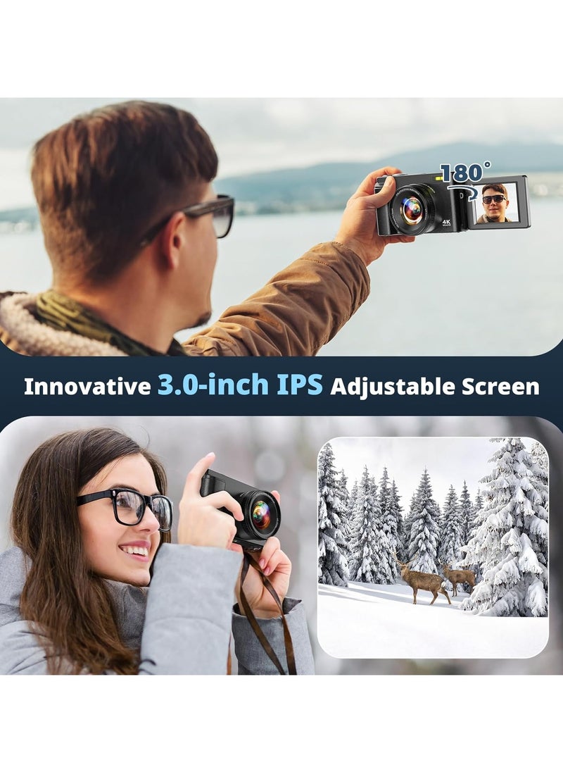 كاميرا رقمية 4K للتصوير الفوتوغرافي بدقة 48 ميجابكسل مع شاشة 3 بوصة قابلة للطي بزاوية 180 درجة وتكبير 16X وضبط تلقائي للصورة وكاميرا فيديو للتدوين على YouTube وكاميرات صغيرة الحجم مع بطاقة 64 جيجابايت وكاميرا سفر صغيرة الحجم