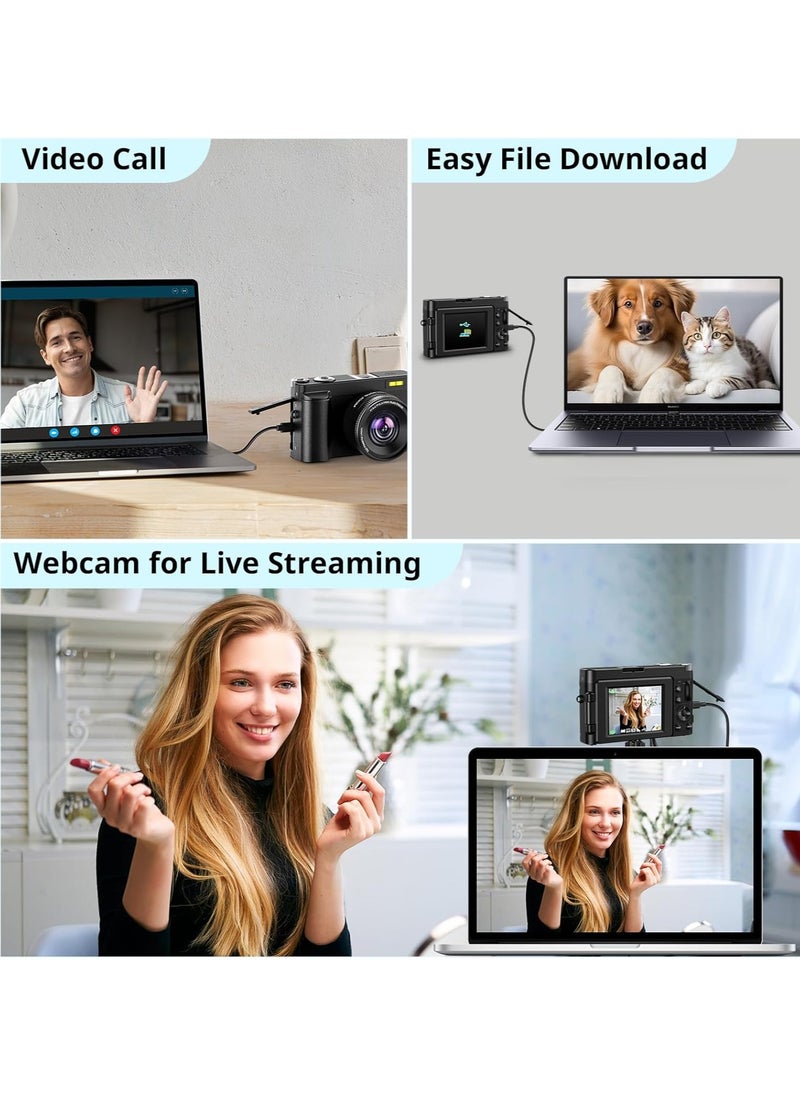 كاميرا رقمية 4K للتصوير الفوتوغرافي بدقة 48 ميجابكسل مع شاشة 3 بوصة قابلة للطي بزاوية 180 درجة وتكبير 16X وضبط تلقائي للصورة وكاميرا فيديو للتدوين على YouTube وكاميرات صغيرة الحجم مع بطاقة 64 جيجابايت وكاميرا سفر صغيرة الحجم