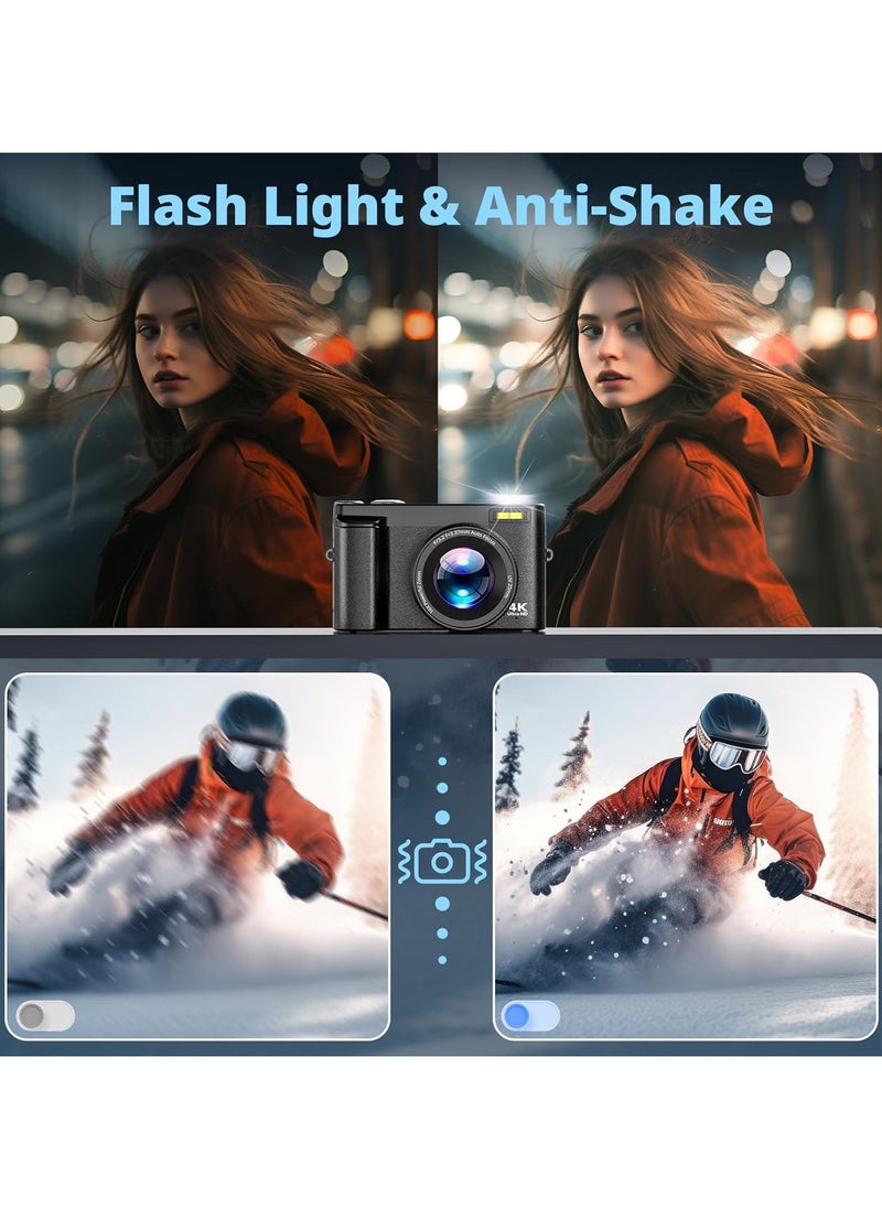 كاميرا رقمية 4K للتصوير الفوتوغرافي بدقة 48 ميجابكسل مع شاشة 3 بوصة قابلة للطي بزاوية 180 درجة وتكبير 16X وضبط تلقائي للصورة وكاميرا فيديو للتدوين على YouTube وكاميرات صغيرة الحجم مع بطاقة 64 جيجابايت وكاميرا سفر صغيرة الحجم