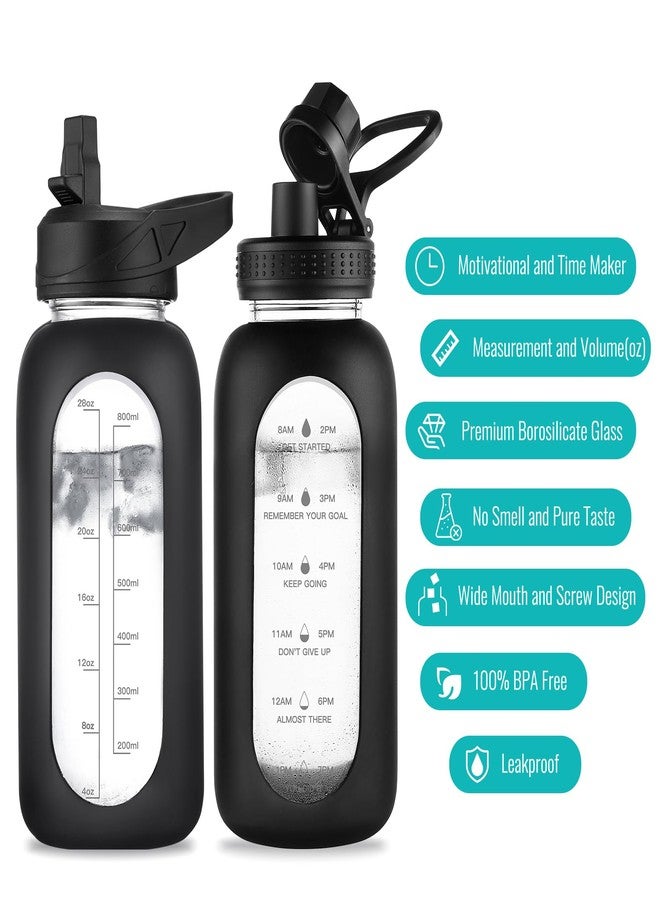 EALGRO 32 oz Glass Water Bottle with Straw and Handle, Sports Motivational Water Flask with Silicone Sleeve, Large Leakproof Water Flask Cup with Time Marker for Travel, Gym, Black - Image 3