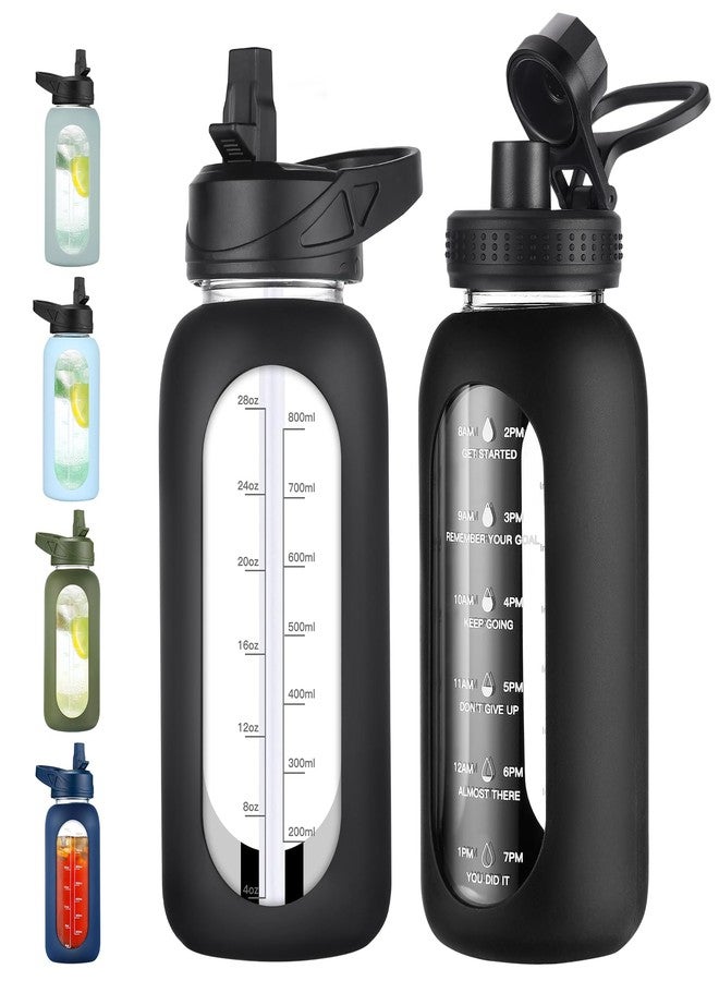 EALGRO 32 oz Glass Water Bottle with Straw and Handle, Sports Motivational Water Flask with Silicone Sleeve, Large Leakproof Water Flask Cup with Time Marker for Travel, Gym, Black - Image 1