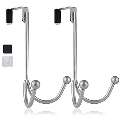 HFHOME 2Packs Over The Door Double Hanger Hooks, Metal Twin Hooks Organizer for Hanging Coats, Hats, Robes, Towels- Silver - Image 1