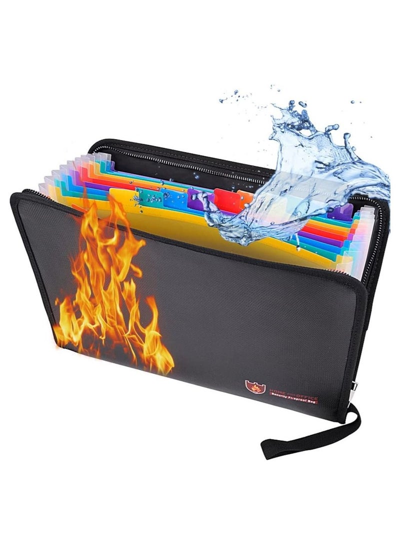 Rubik Fireproof File Folder Organizer A4 Letter Size Water Resistant Documents Storage Fire Safe Bag with Zipper Closure and 13 Silicone-Coated Expanding Pockets (36x26cm) Black  - Image 1