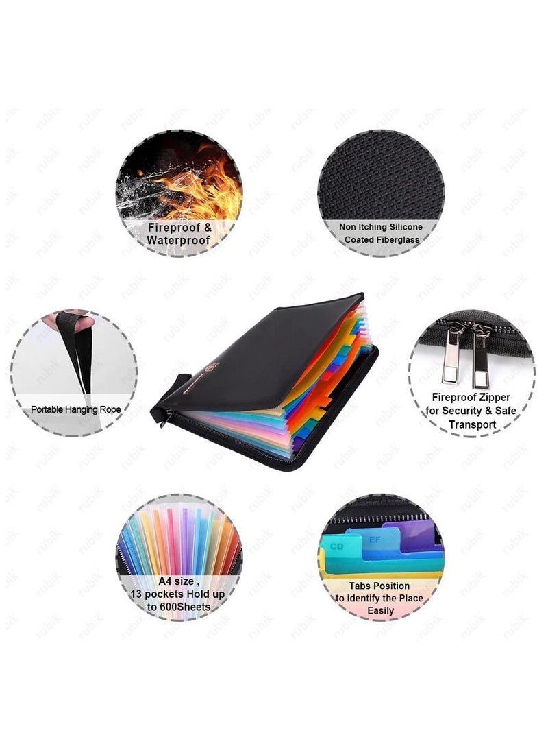 Rubik Fireproof File Folder Organizer A4 Letter Size Water Resistant Documents Storage Fire Safe Bag with Zipper Closure and 13 Silicone-Coated Expanding Pockets (36x26cm) Black  - Image 2