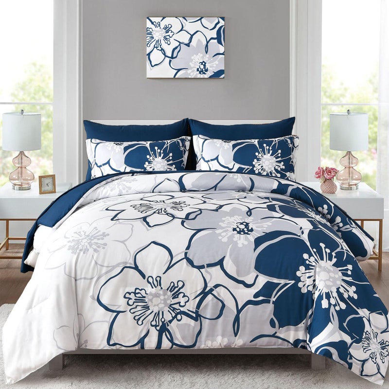 Anibedding Navy Floral Comforter Set Queen Size 7 Piece, Blue Flower Bed in a Bag, Elegant Botanical Floral Comforter Soft Microfiber Complete Bedding Set for All Season, (Navy Blue, 90"x90") - Image 1