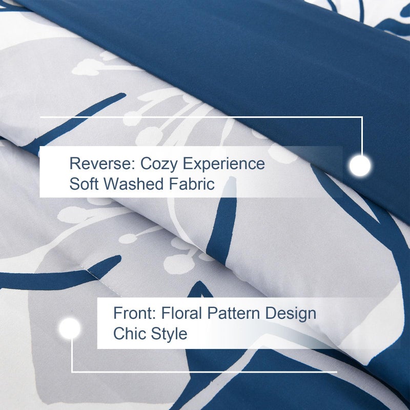 Anibedding Navy Floral Comforter Set Queen Size 7 Piece, Blue Flower Bed in a Bag, Elegant Botanical Floral Comforter Soft Microfiber Complete Bedding Set for All Season, (Navy Blue, 90"x90") - Image 5