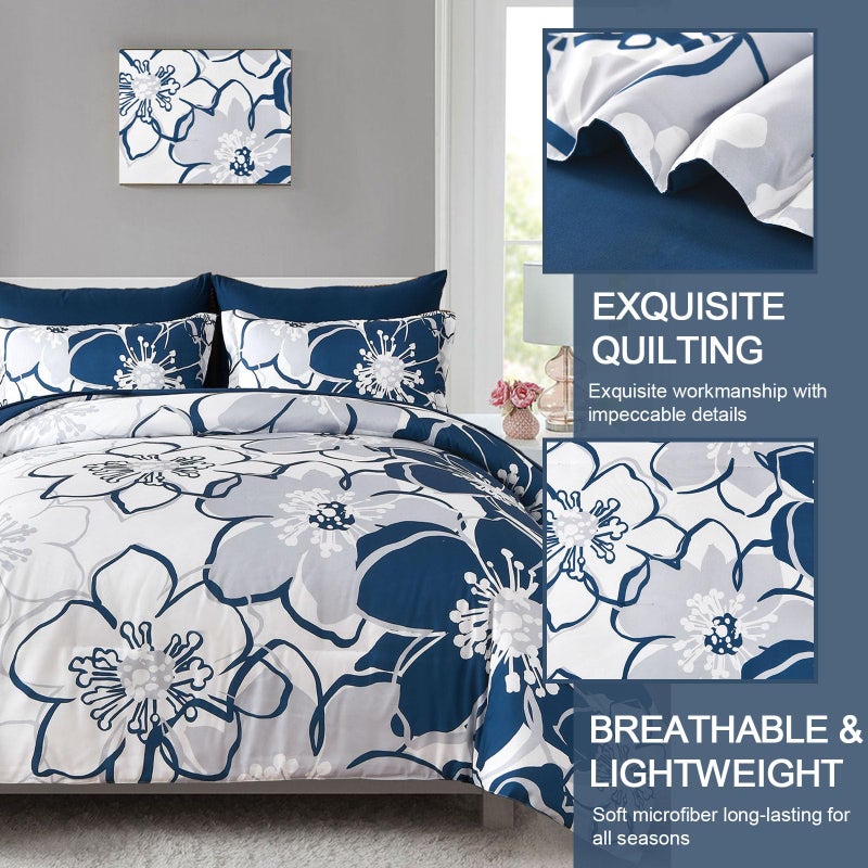 Anibedding Navy Floral Comforter Set Queen Size 7 Piece, Blue Flower Bed in a Bag, Elegant Botanical Floral Comforter Soft Microfiber Complete Bedding Set for All Season, (Navy Blue, 90"x90") - Image 4