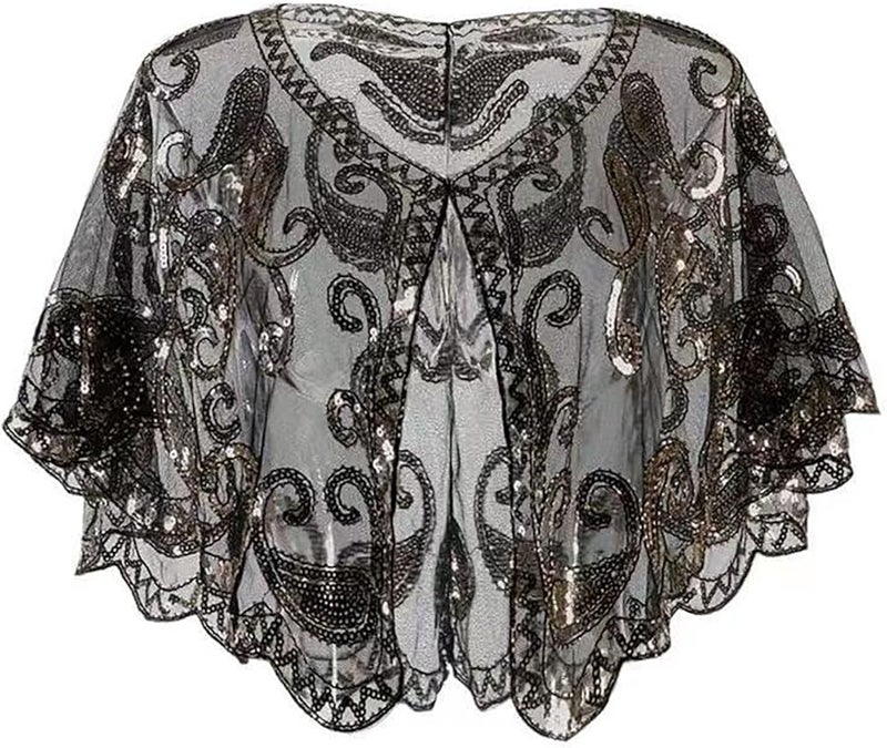 Cashew Black Gold Sequined Evening Shawl Luxurious Beaded Cape for Weddings and Parties - Image 2